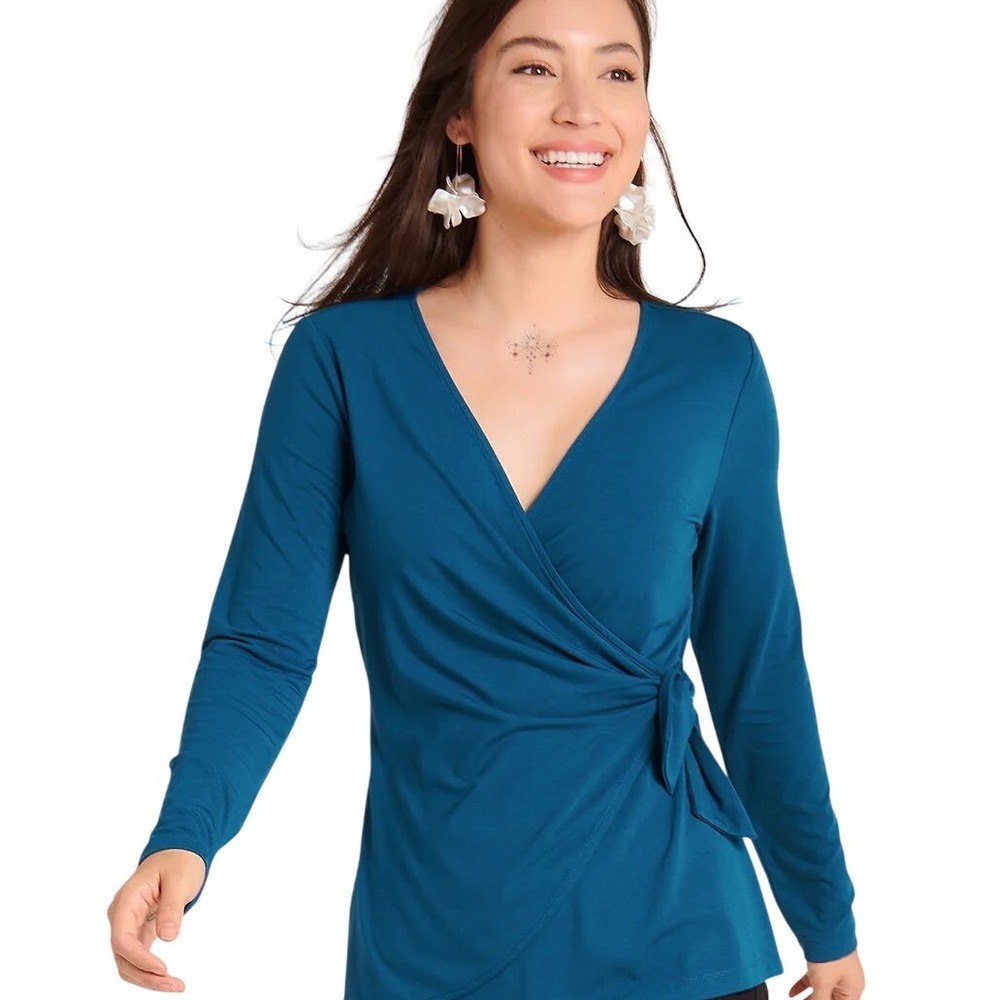 Betabrand Karen Wrap Top Women's Medium Blue Career Workwear Feminine Casual